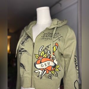 Ed Hardy Y2K Army Green Cropped Zip-Up